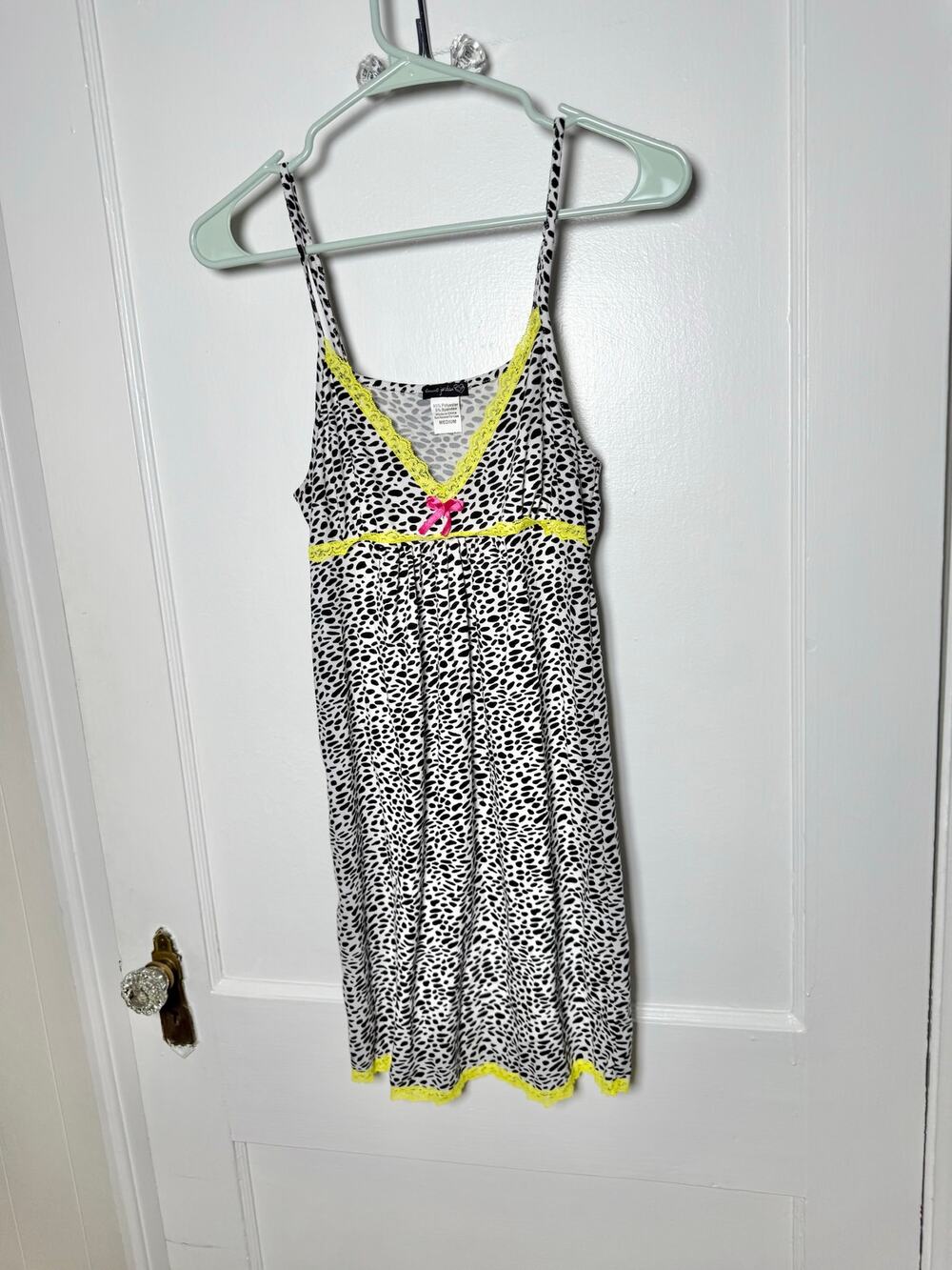 Vintage Y2K Black White Leopard Babydoll Lime Green Cami Mini Dress Women's MED